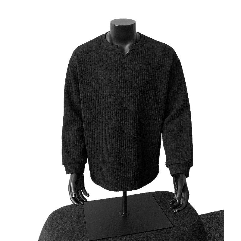 Herren grobstrukturierter Strickpullover mit V-förmigem Schlitzkragen und gerundetem Saum Nord Taschen