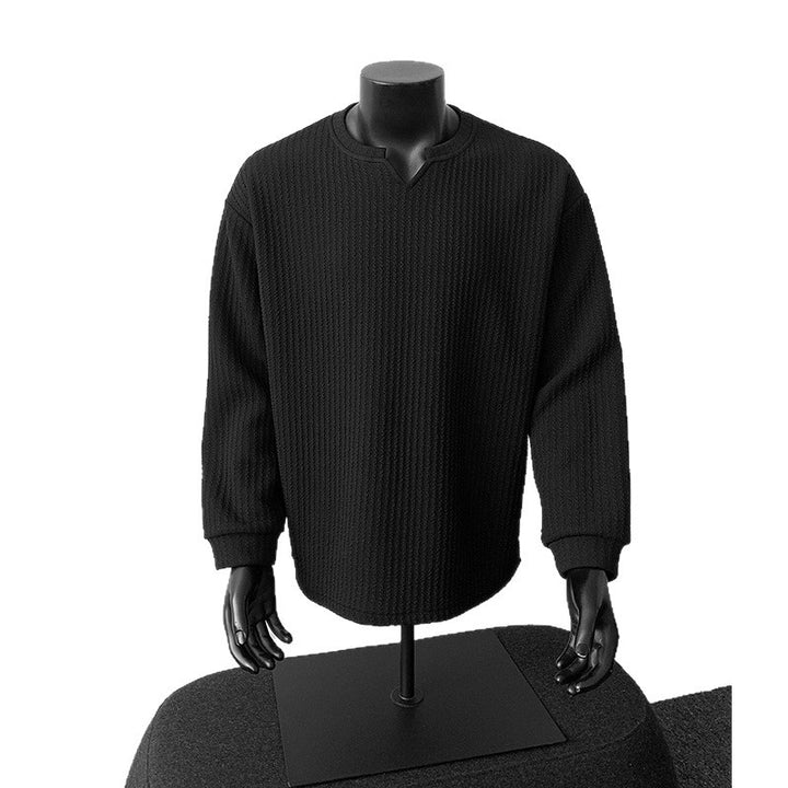 Herren grobstrukturierter Strickpullover mit V-förmigem Schlitzkragen und gerundetem Saum Nord Taschen
