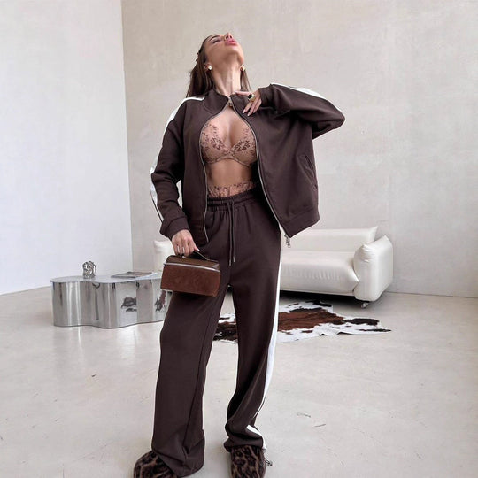 Damen weites Zip-Sweatset mit Kapuze, hohen Bund und seitlichem Kontraststreifen Nord Taschen