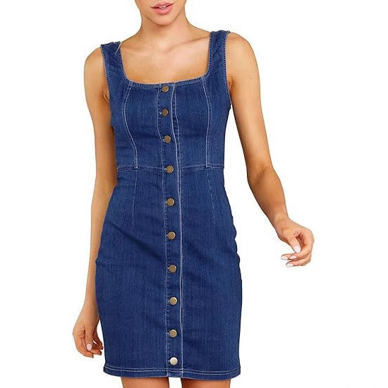 Damen Enganliegendes Jeanskleid mit durchgehender Knopfleiste und quadratischem Ausschnitt Nord Taschen