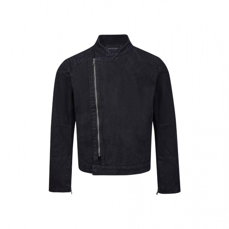 Herren Asymmetrische Kurzjacke im Biker-Stil mit Stehkragen und schrägem Metallreißverschluss Nord Taschen