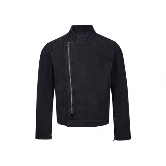 Herren Asymmetrische Kurzjacke im Biker-Stil mit Stehkragen und schrägem Metallreißverschluss Nord Taschen