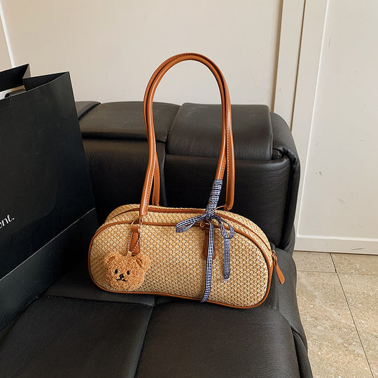 Damen handgefertigte Umhängetasche aus natürlichem Material mit eleganter Schleifenverzierung Nord Taschen