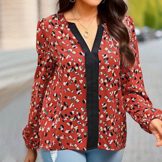 Damen Locker geschnittene V-Ausschnitt-Bluse mit kontrastierter Zierblende und Allover-Print Nord Taschen