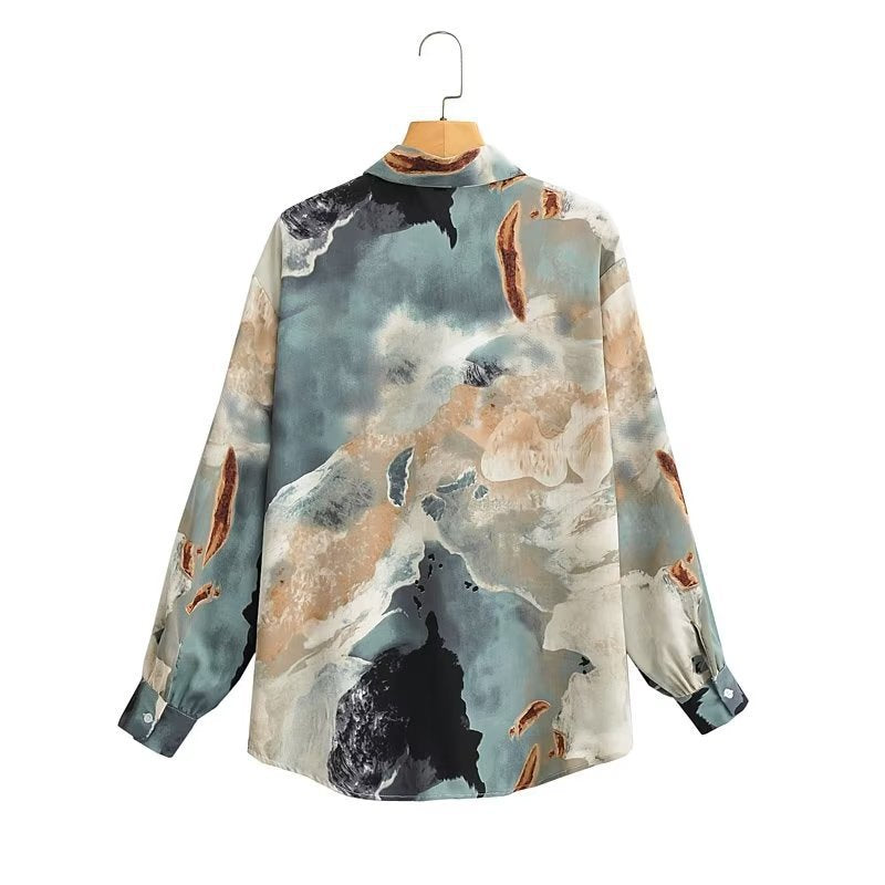 Damen Seidenoptik-Hemdbluse mit abstraktem Print und Oversize-Schnitt Nord Taschen