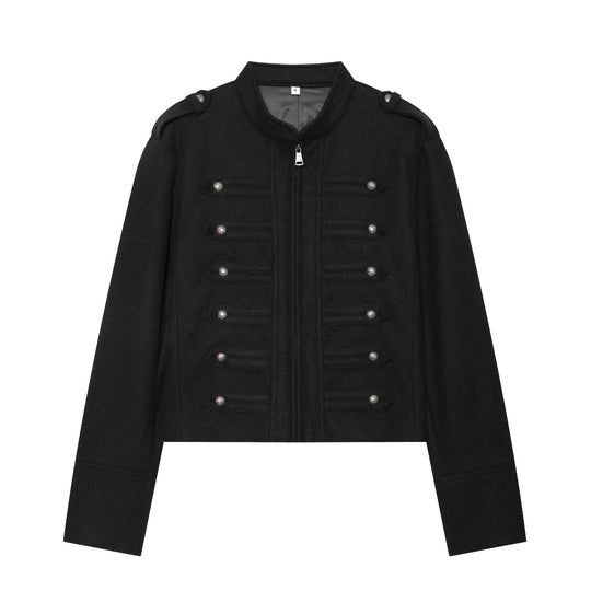 Damen Militärinspirierte Wolljacke mit Stehkragen, dekorativen Zierknopfreihen und Reißverschluss Nord Taschen