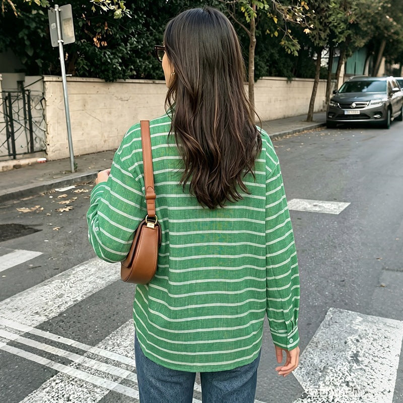 Damen Lässige Leinenoptik-Hemdbluse mit Streifen, Oversize-Schnitt und Brusttasche Nord Taschen