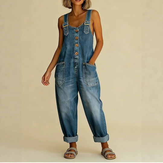 Damen Weite Denim-Latzhose mit Knopfleiste, verstellbaren Trägern und aufgesetzten Taschen Nord Taschen