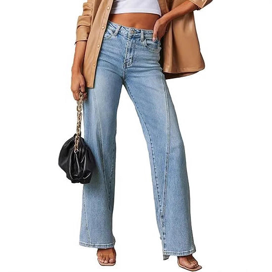 Damen High-Waist Wide-Leg Jeans mit dekorativer V-Naht Nord Taschen