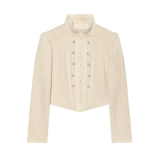 Damen Cropped Jacke mit Stehkragen, Rüschenblende und doppelreihiger Zierknopfleiste Nord Taschen