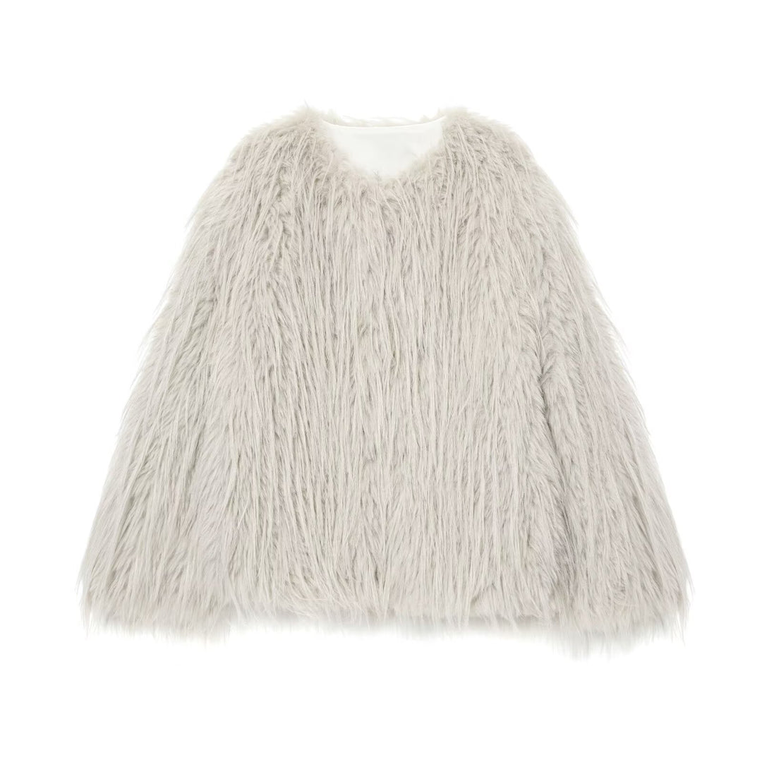 Damen Faux-Fur-Pelzjacke mit langem Shaggy-Fell und Rundhalsausschnitt Nord Taschen