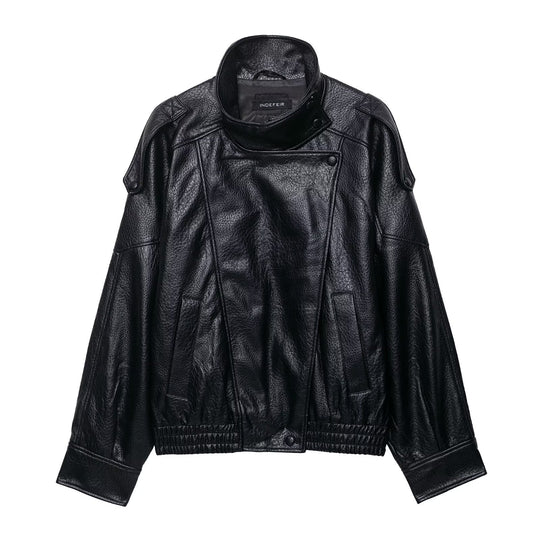 Damen Kurz geschnittene Kunstleder-Fliegerjacke mit hohem Stehkragen und Schulterriegeln Nord Taschen