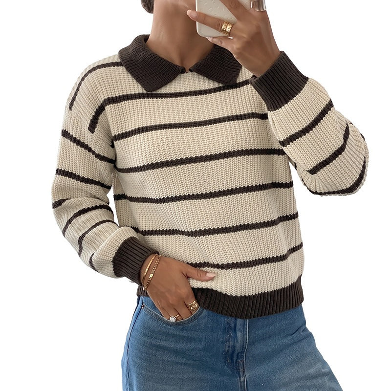 Damen Gestreifter Pullover mit Kragen Nord Taschen