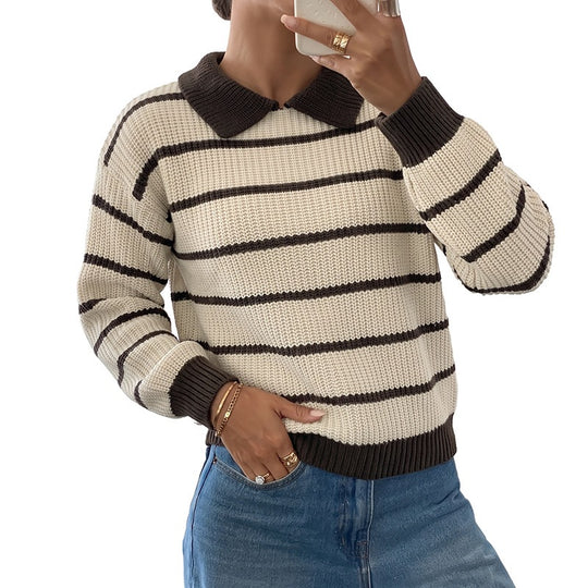 Damen Gestreifter Pullover mit Kragen Nord Taschen