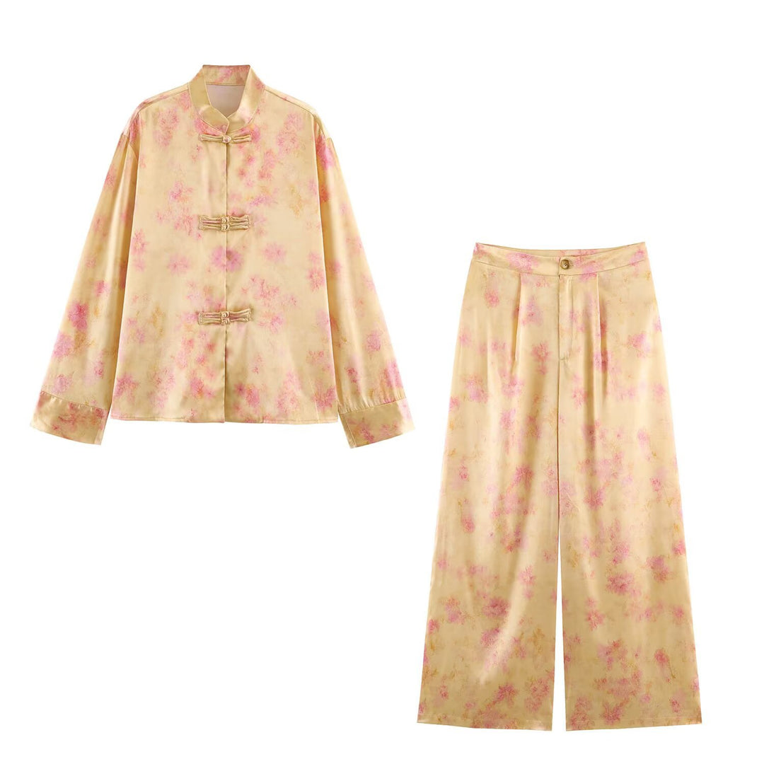 Damen Weite Satinpalazzo-Hose mit hohem Bund, Bundfalte und floraler Jacquard-Optik Nord Taschen