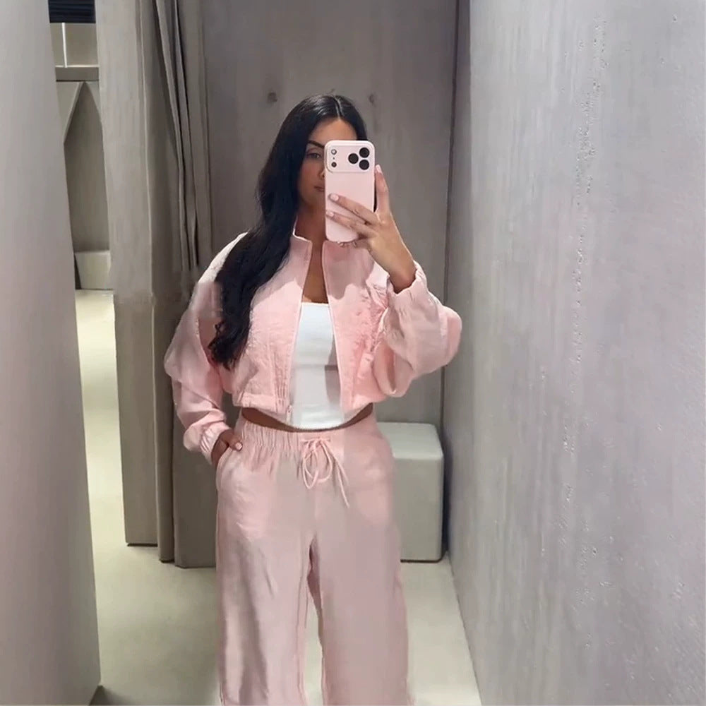 Damen Lässiges Satin-Trackset mit kurzem Reißverschluss-Top & weitem Tunnelzug-Hose Nord Taschen