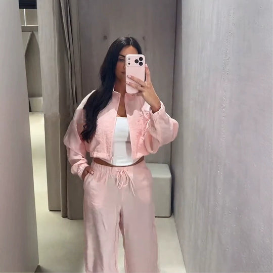 Damen Lässiges Satin-Trackset mit kurzem Reißverschluss-Top & weitem Tunnelzug-Hose Nord Taschen
