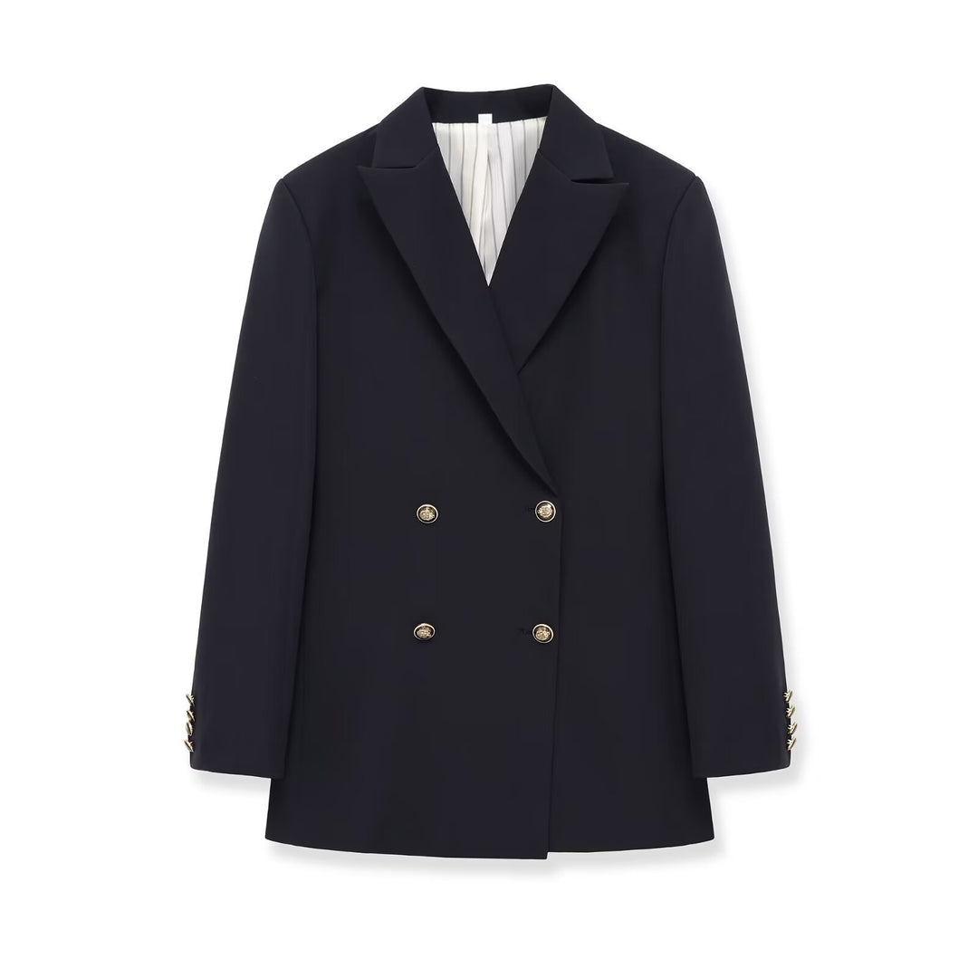 Damen Doppelreihiger Longblazer mit markanten Goldknöpfen und strukturierter Schulter Nord Taschen