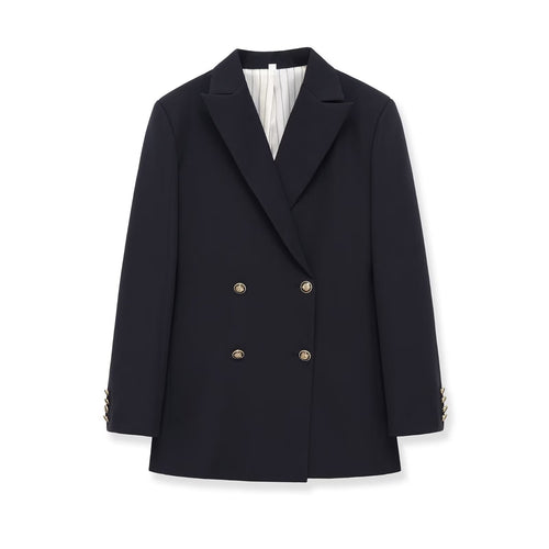 Damen Doppelreihiger Longblazer mit markanten Goldknöpfen und strukturierter Schulter Nord Taschen