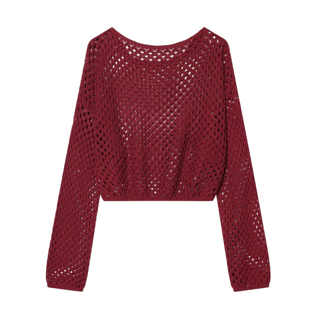 Damen Lockerer gehäkelter Cropped‑Pullover mit Ajourmuster Nord Taschen