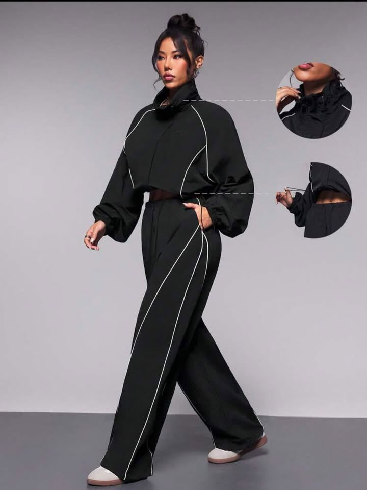 Damen sportives Cropped Windbreaker-Set mit Stehkragen Tunnelzug und reflektierenden Paspeln Nord Taschen