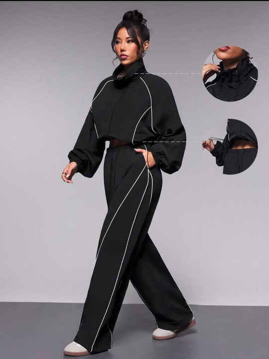 Damen sportives Cropped Windbreaker-Set mit Stehkragen Tunnelzug und reflektierenden Paspeln Nord Taschen