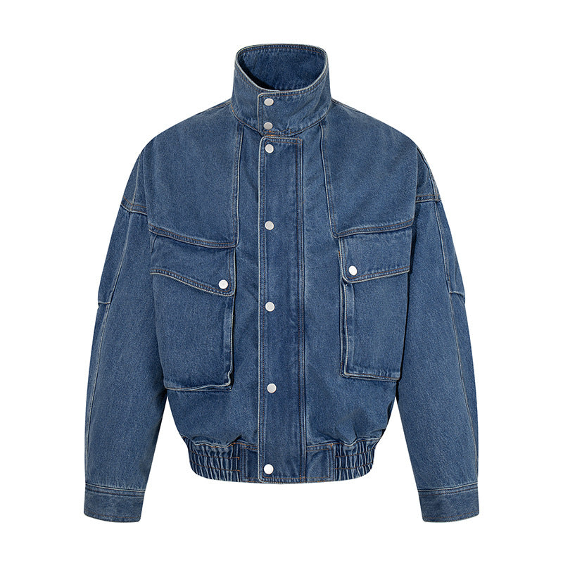 Damen Oversize-Jeansjacke mit Stehkragen, Druckknopfleiste und aufgesetzten Cargo-Taschen Nord Taschen