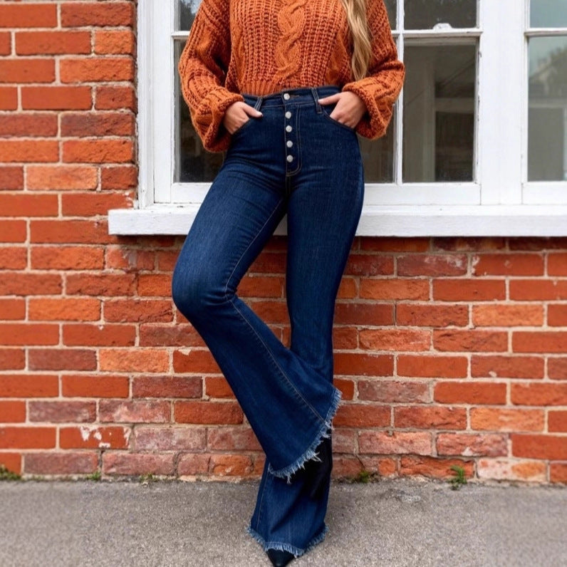 Damen hochtaillierte Retro-Flared-Jeans mit sichtbarer Knopfleiste und ausgestelltem Bein Nord Taschen