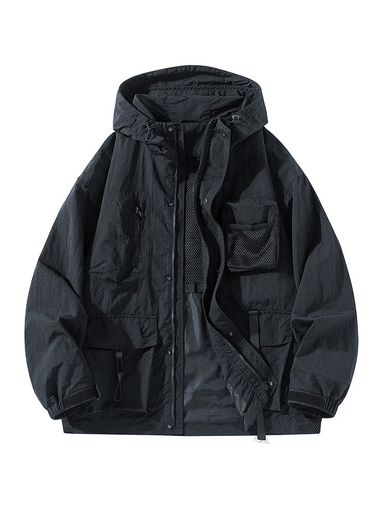 Herren Technische Utility-Outdoorjacke mit Kapuze Multifunktionstaschen und Mesh-Innenfutter Nord Taschen