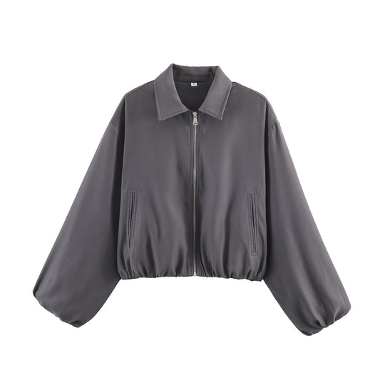 Damen Kurzjacke im Harrington‑Stil mit Polka‑Dot‑Muster, Ballonärmeln und elastischem Saum Nord Taschen