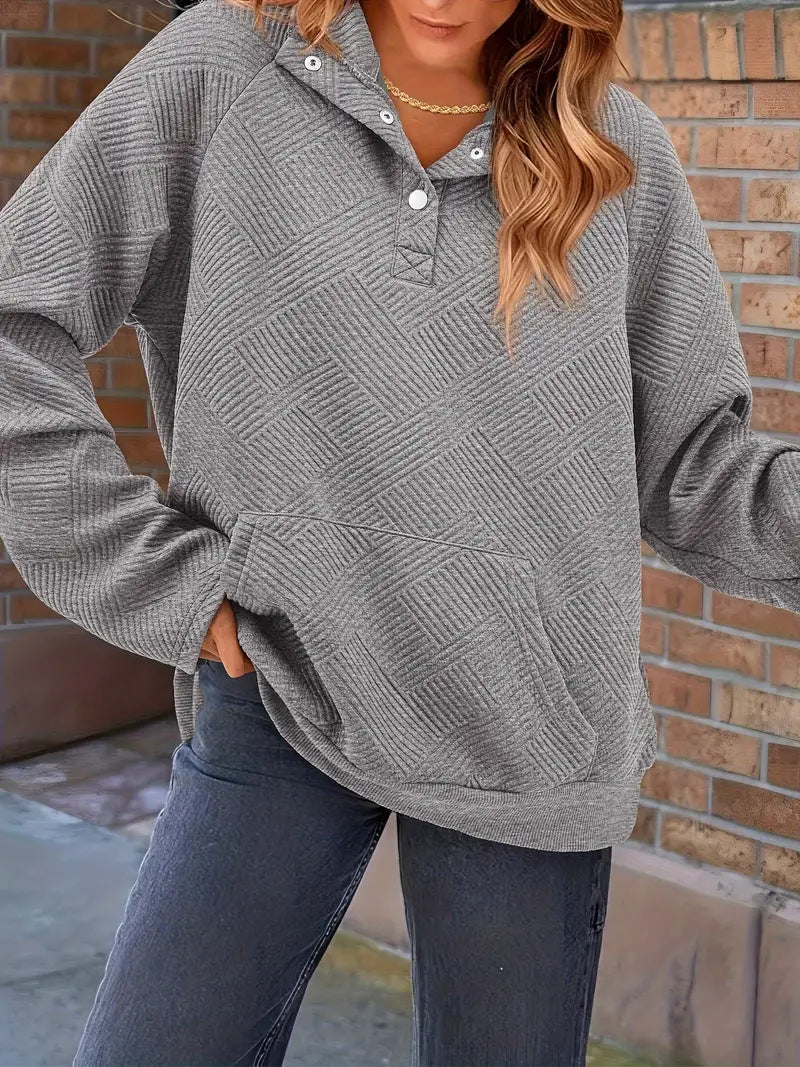 Damen Texturierter Oversize-Hoodie mit Henley-Knopfleiste und Kängurutasche Nord Taschen