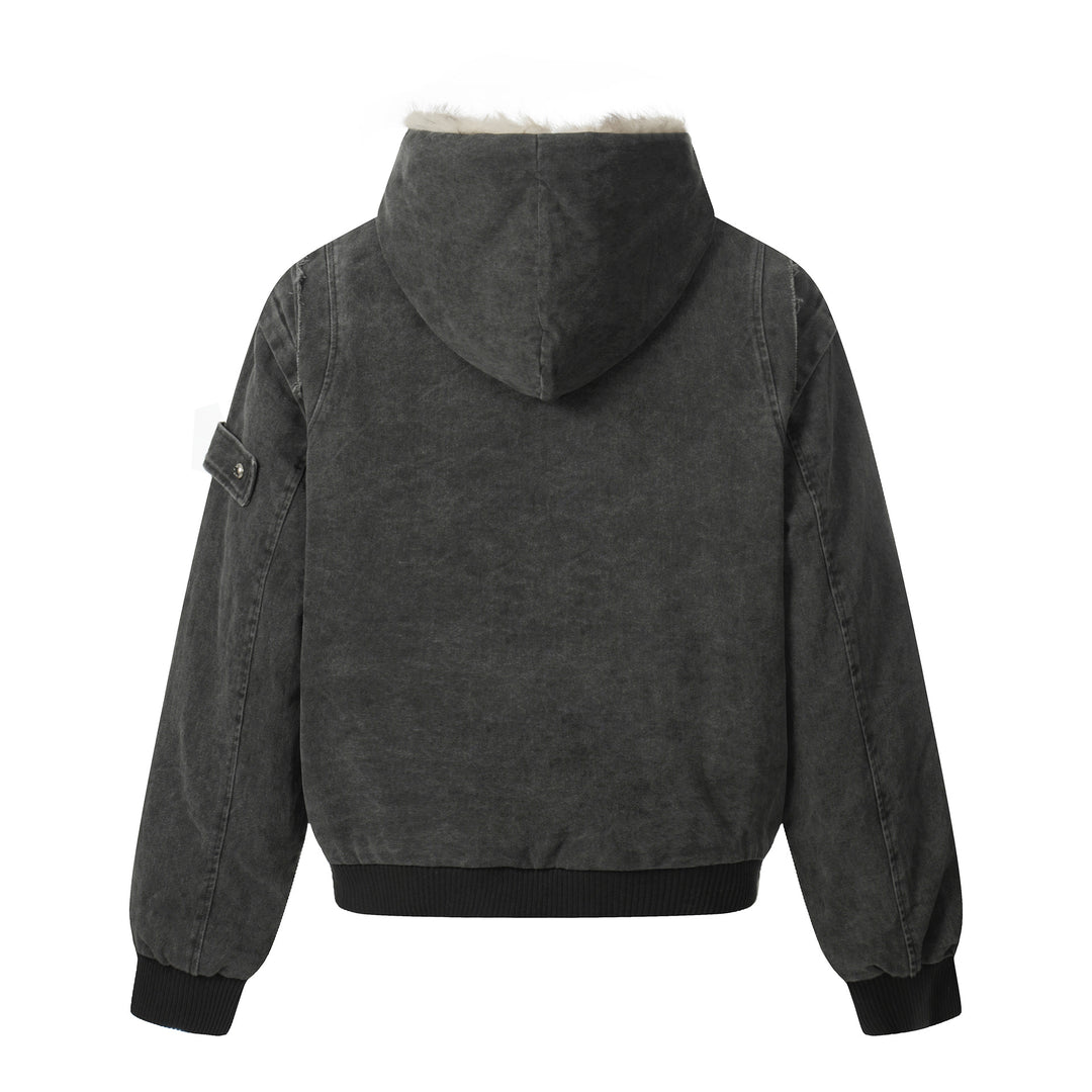 Herren Vintage-inspirierte Denim-Bomberjacke mit Teddyfell-Kapuze Nord Taschen