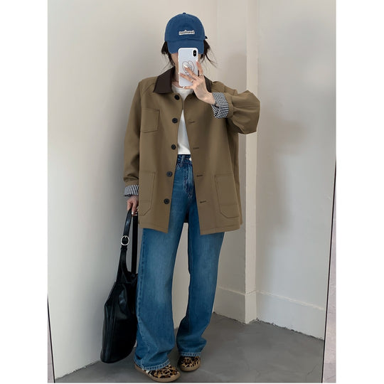 Damen Oversize Kurzjacke im Trenchstil mit Lederoptik-Kragen und karierten Umschlagmanschetten Nord Taschen