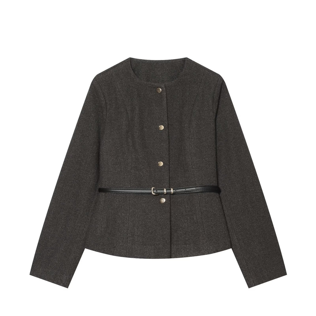 Damen Kurzjacke aus Wollmix mit Rundhalsausschnitt, Druckknopfverschluss und schmalem Taillengürtel Nord Taschen