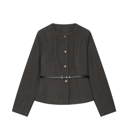 Damen Kurzjacke aus Wollmix mit Rundhalsausschnitt, Druckknopfverschluss und schmalem Taillengürtel Nord Taschen