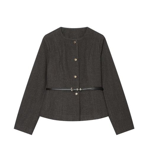 Damen Kurzjacke aus Wollmix mit Rundhalsausschnitt, Druckknopfverschluss und schmalem Taillengürtel Nord Taschen