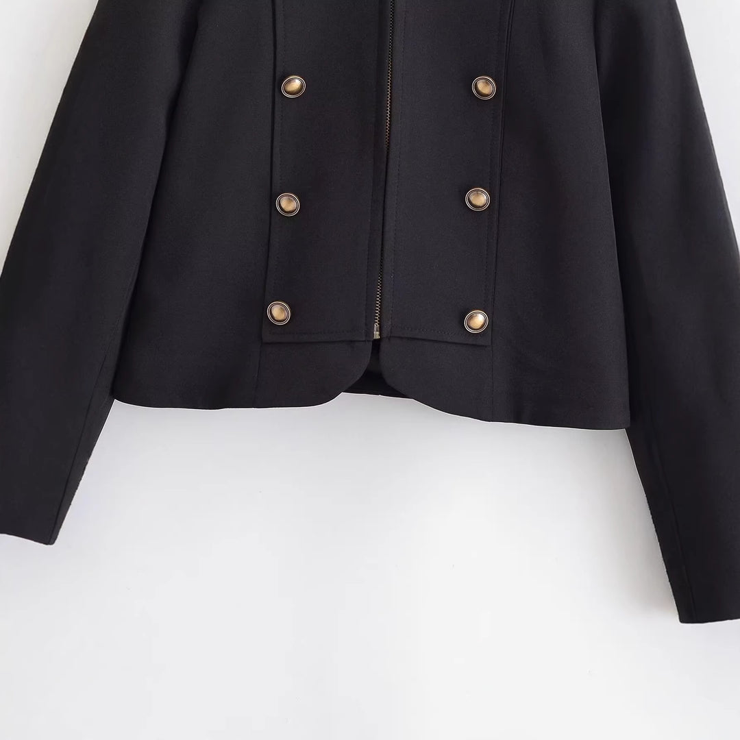 Damen taillierte Kurzjacke im Militärstil mit dekorativer Doppelknopfleiste, Reißverschluss und Schulterpatten Nord Taschen