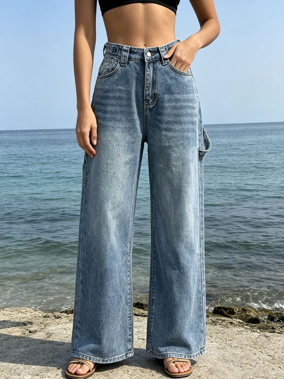 Damen weite High‑Waist Carpenter-Denimhose mit Utility-Seitentasche und ausgestelltem Bein Nord Taschen