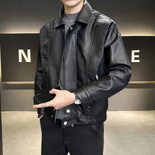Herren Kurzer Oversized Lederimitat-Blouson mit Stehkragen, Reißverschluss und elastischem Saum Nord Taschen