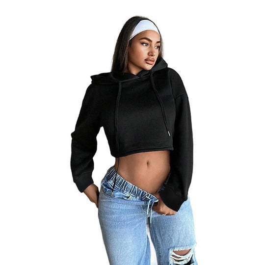 Damen kurzes Kapuzen-Sweatshirt Cropped-Hoodie mit Kordelzug gerippten Bündchen und lässiger Oversize-Passform Nord Taschen