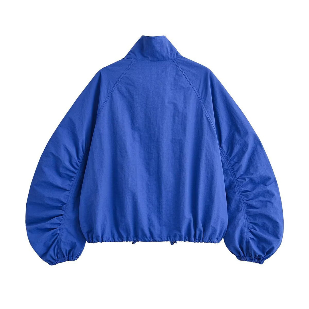 Damen Cropped Blousonjacke mit Stehkragen, voluminösen Ballonärmeln und Tunnelzugsaum Nord Taschen