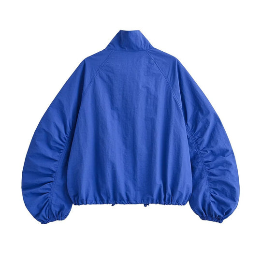 Damen Cropped Blousonjacke mit Stehkragen, voluminösen Ballonärmeln und Tunnelzugsaum Nord Taschen