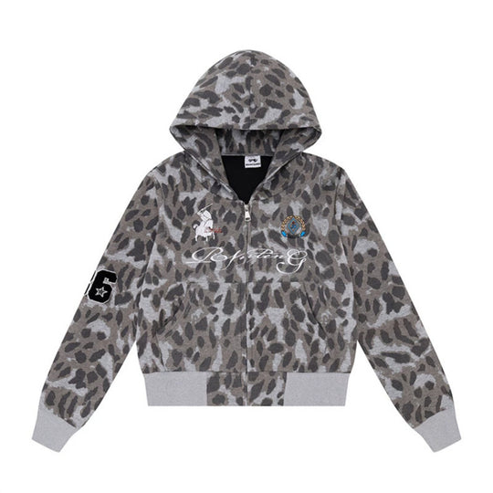 Damen Kapuzen-Sweatjacke mit Kunstfellbesatz, Leo-Allover und Reißverschluss Nord Taschen