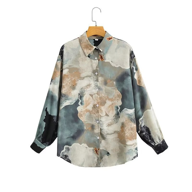 Damen Seidenoptik-Hemdbluse mit abstraktem Print und Oversize-Schnitt Nord Taschen