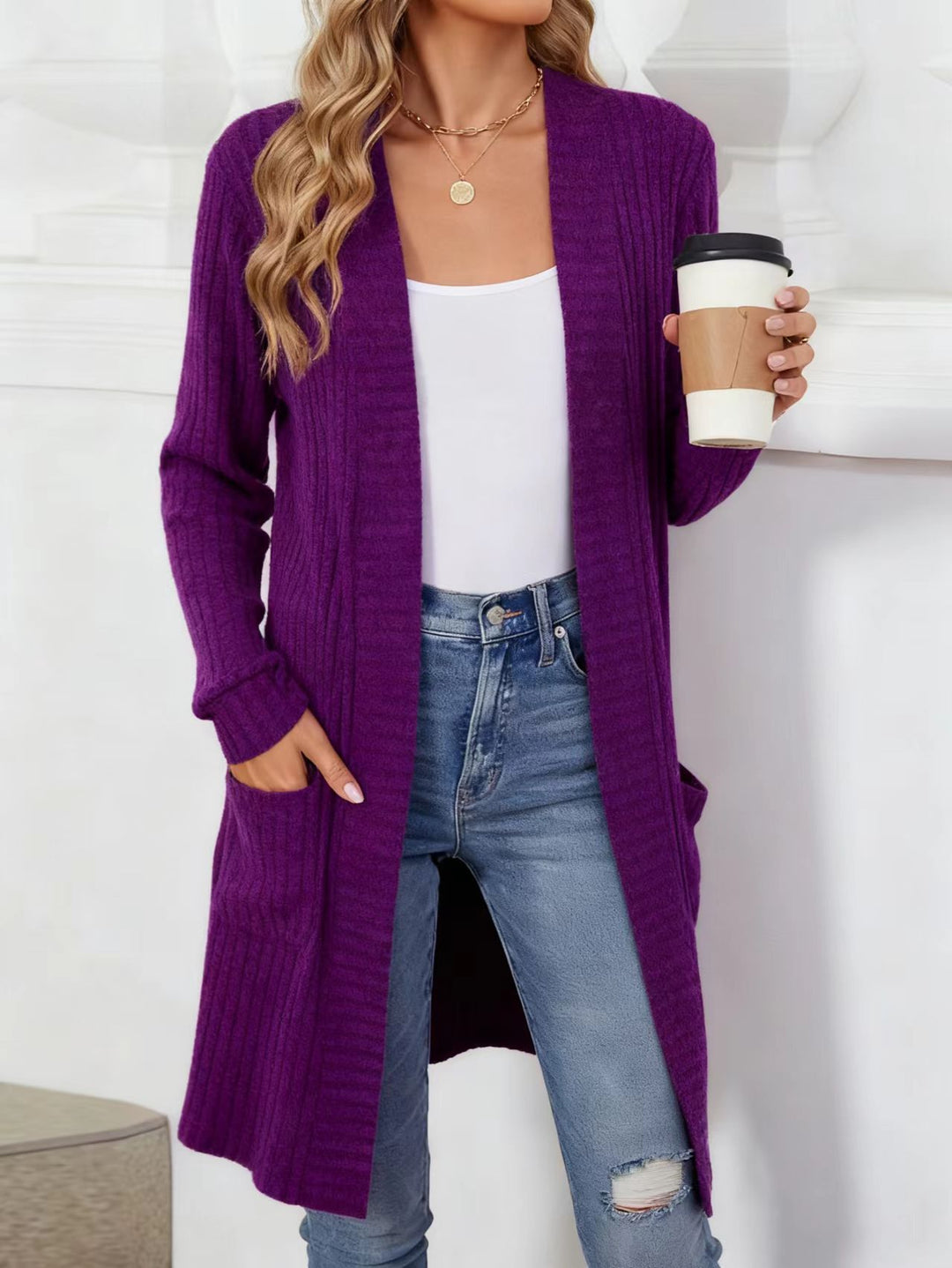 Damen Eleganter Strickcardigan mit offenen Front Nord Taschen