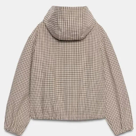 Damen Karierte Cropped Kapuzenjacke mit Tunnelzugsaum und Zwei‑Wege‑Reißverschluss Nord Taschen