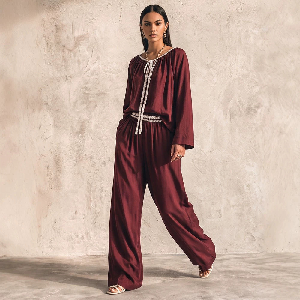 Damen Fließendes zweiteiliges Loungewear-Set aus Seidenoptik mit weiter Palazzohose und geraffter Tunika Nord Taschen