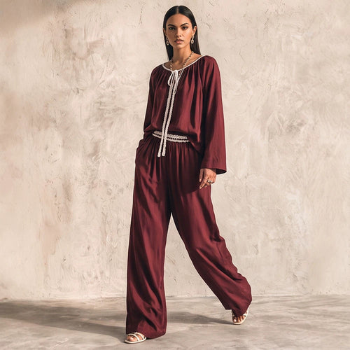 Damen Fließendes zweiteiliges Loungewear-Set aus Seidenoptik mit weiter Palazzohose und geraffter Tunika Nord Taschen