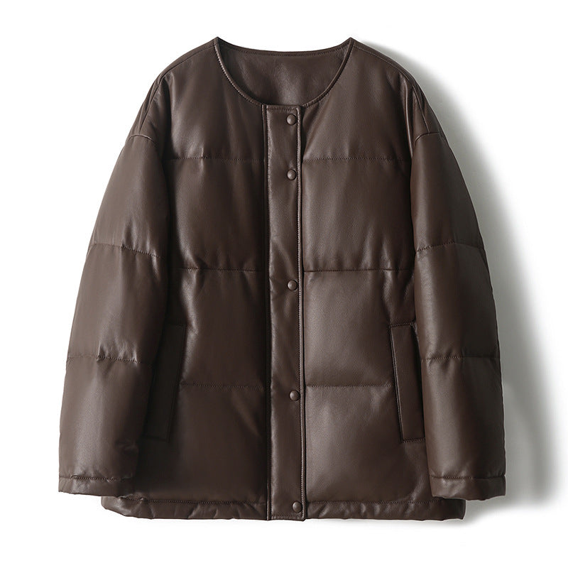 Damen Kurz geschnittene wattierte Kunstlederjacke mit Rundhalsaum und Druckknopfleiste Nord Taschen