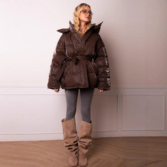 Damen wattierte Kapuzen-Steppjacke mit Taillengürtel Nord Taschen